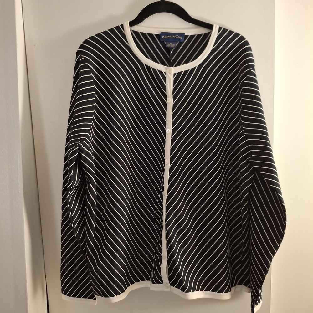 Charter Club Black and White Long Sleeve Striped Women's Top